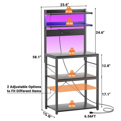Kitchen Rack: Microwave Stand, Bar Station with Led Lights, Kitchen Storage Shelf, and Bakers Rack with Power Outlet