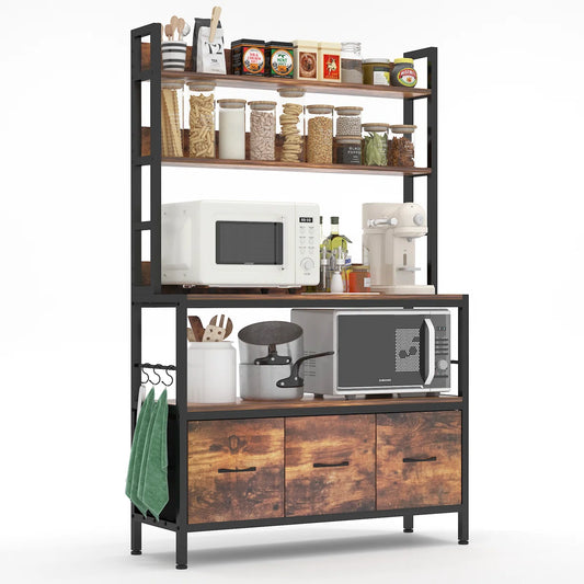 Kitchen Rack: Microwave Storage Shelves and a Kitchen Bakers Rack with 4 Fabric Drawes
