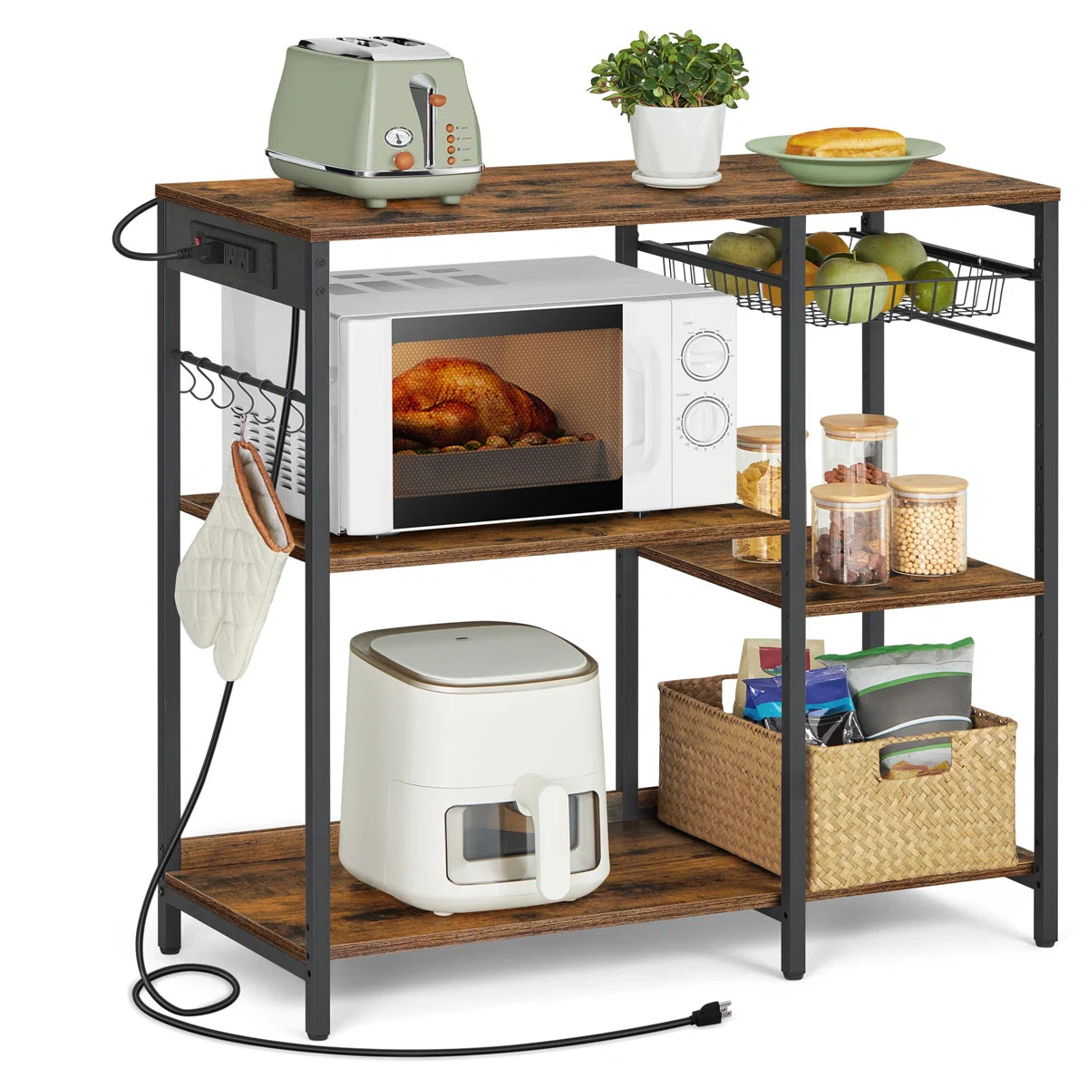 Kitchen Island Table: 35.4" Wide Wide Rustic Brown Kitchen Shelf with Basket & 5 Shelves