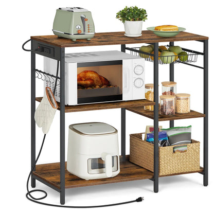 Kitchen Island Table: 35.4" Wide Wide Rustic Brown Kitchen Shelf with Basket & 5 Shelves