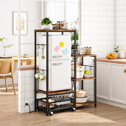 Kitchen Racks: Microwave Oven Stand, Kitchen Bakers Rack & Power Outlet, Compact Refrigerator Stand With Detachable Basket