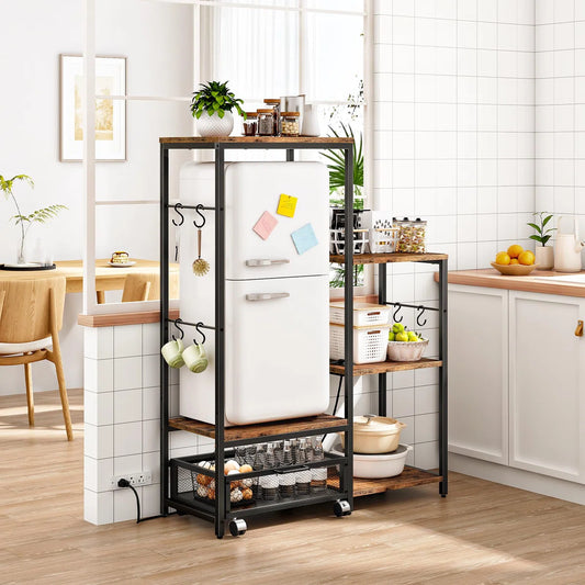 Kitchen Racks: Microwave Oven Stand, Kitchen Bakers Rack & Power Outlet, Compact Refrigerator Stand With Detachable Basket
