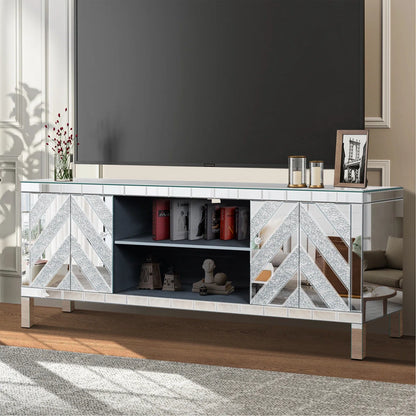 tv panel: Mirrored tv panel For 65+ Inch TV, Sliver TV Console Table With Open Storage & 2 Storage Cabinets ,M Shape Sparkling Mirror Doors For Living Room(59''W X 25.2''H X 15.7D)