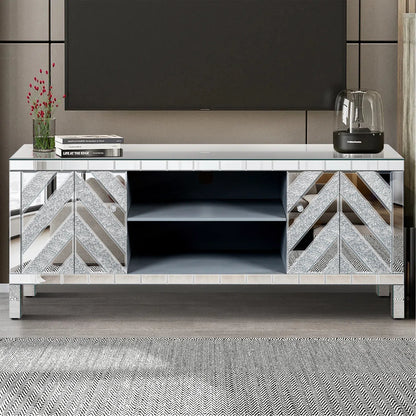 tv panel: Mirrored tv panel For 65+ Inch TV, Sliver TV Console Table With Open Storage & 2 Storage Cabinets ,M Shape Sparkling Mirror Doors For Living Room(59''W X 25.2''H X 15.7D)