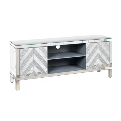 tv panel: Mirrored tv panel For 65+ Inch TV, Sliver TV Console Table With Open Storage & 2 Storage Cabinets ,M Shape Sparkling Mirror Doors For Living Room(59''W X 25.2''H X 15.7D)