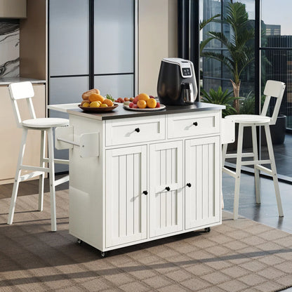 Kitchen Island Table: – 39.4" Wide White Rolling Island Set with Stainless Steel Top, Drop Leaf & 2 Bar Chairs