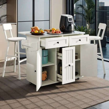 Kitchen Island Table: – 39.4" Wide White Rolling Island Set with Stainless Steel Top, Drop Leaf & 2 Bar Chairs