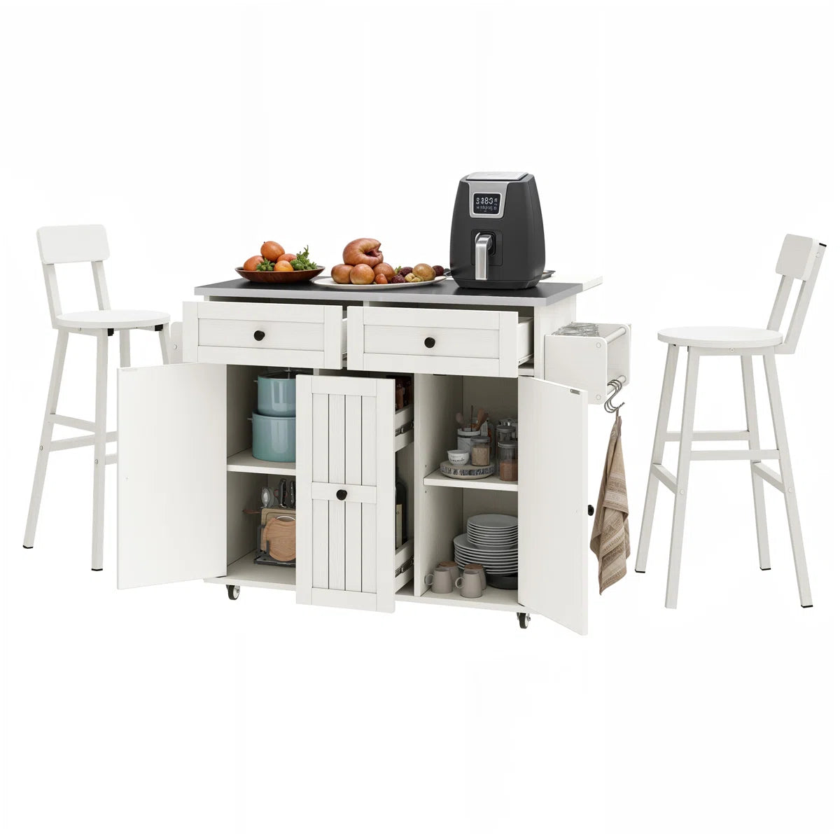 Kitchen Island Table: – 39.4" Wide White Rolling Island Set with Stainless Steel Top, Drop Leaf & 2 Bar Chairs