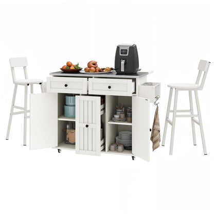 Kitchen Island Table: – 39.4" Wide White Rolling Island Set with Stainless Steel Top, Drop Leaf & 2 Bar Chairs