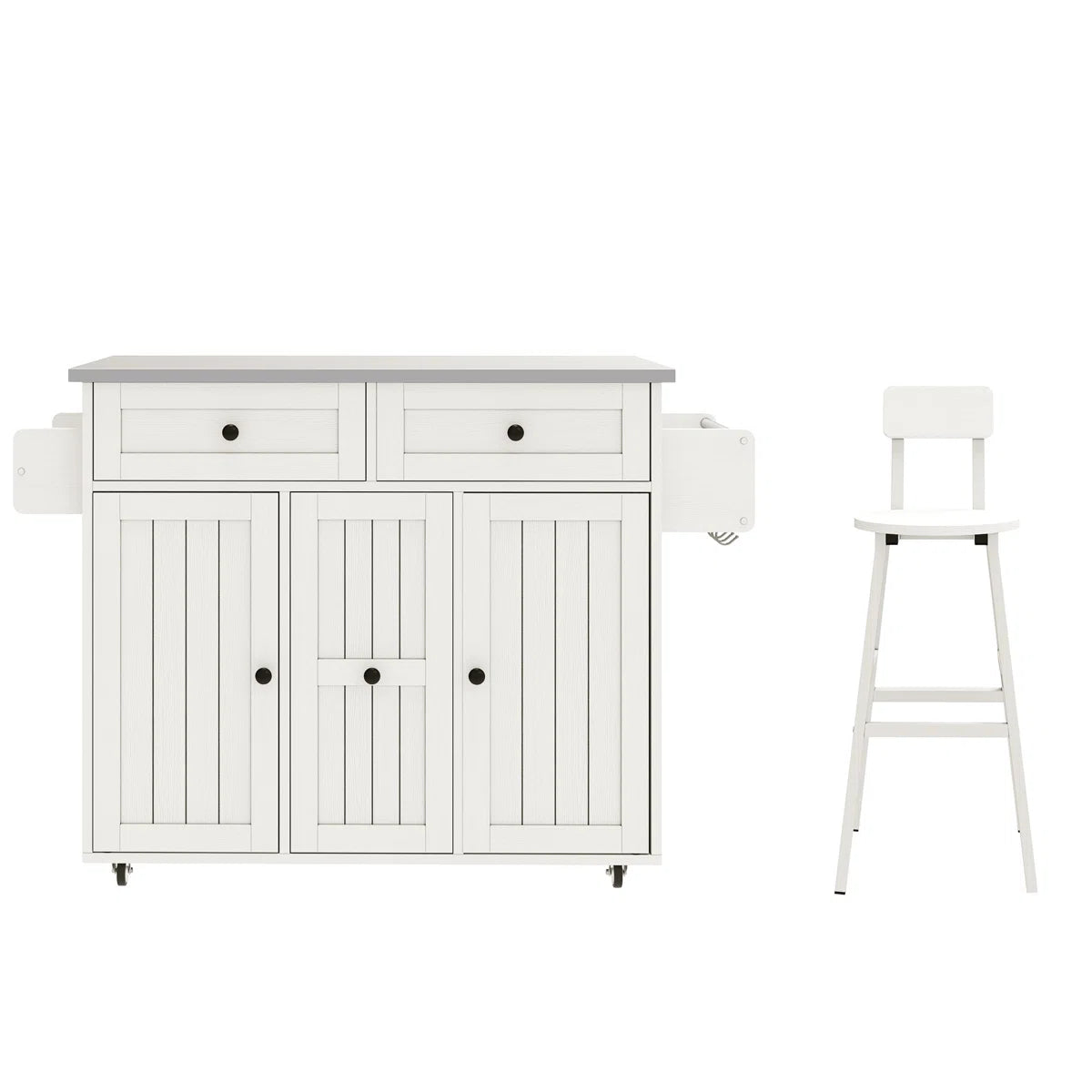 Kitchen Island Table: – 39.4" Wide White Rolling Island Set with Stainless Steel Top, Drop Leaf & 2 Bar Chairs