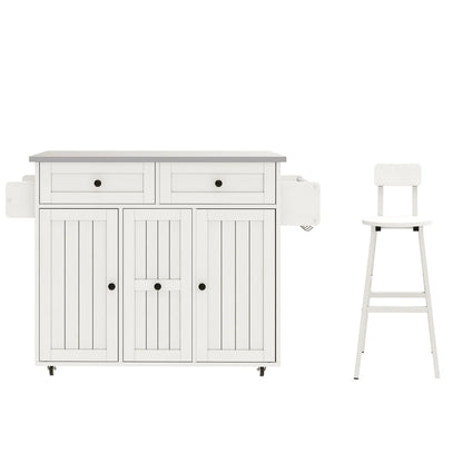 Kitchen Island Table: – 39.4" Wide White Rolling Island Set with Stainless Steel Top, Drop Leaf & 2 Bar Chairs