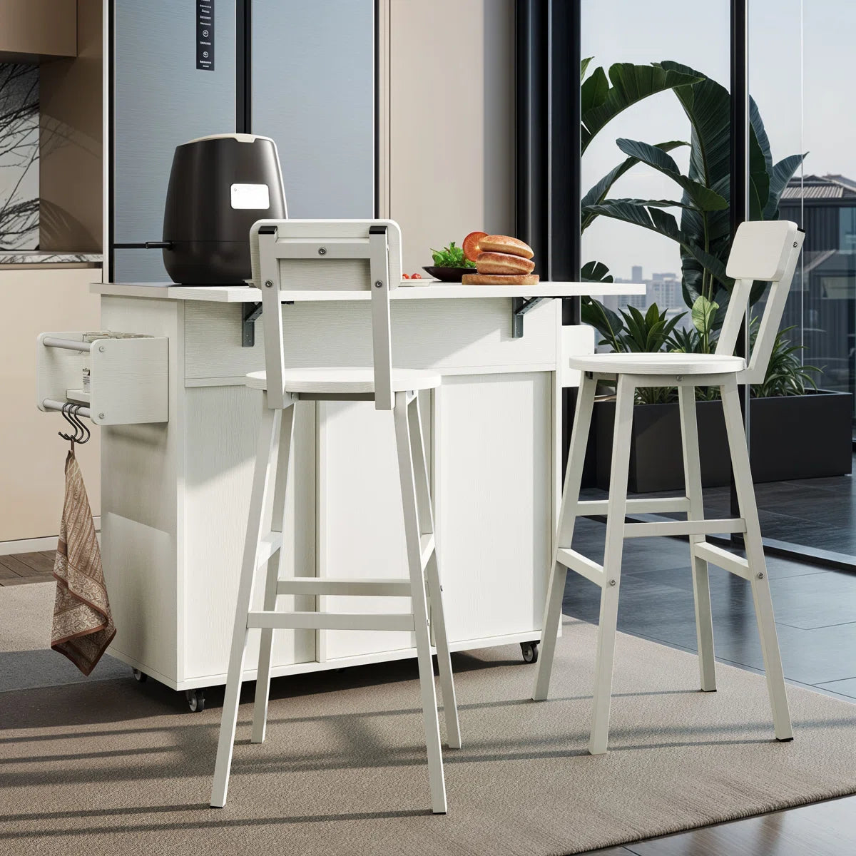 Kitchen Island Table: – 39.4" Wide White Rolling Island Set with Stainless Steel Top, Drop Leaf & 2 Bar Chairs