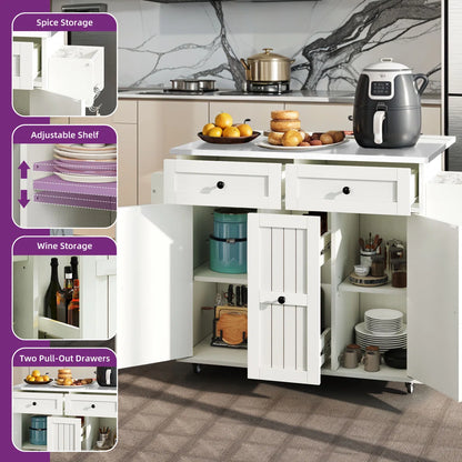 Kitchen Island Table: – 39.4" Wide White Rolling Island Set with Stainless Steel Top, Drop Leaf & 2 Bar Chairs