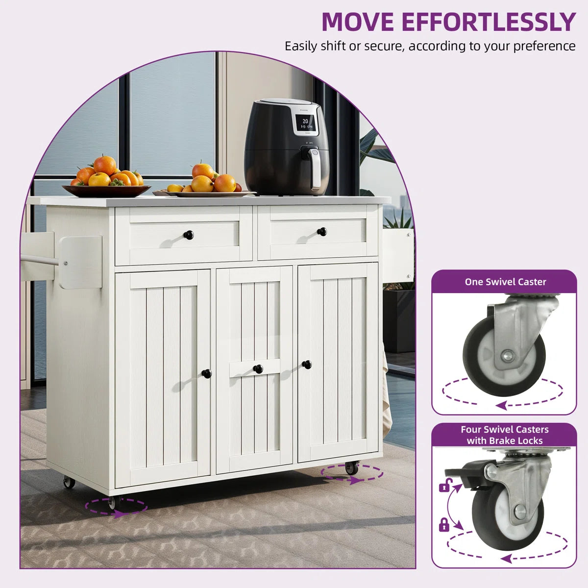 Kitchen Island Table: – 39.4" Wide White Rolling Island Set with Stainless Steel Top, Drop Leaf & 2 Bar Chairs