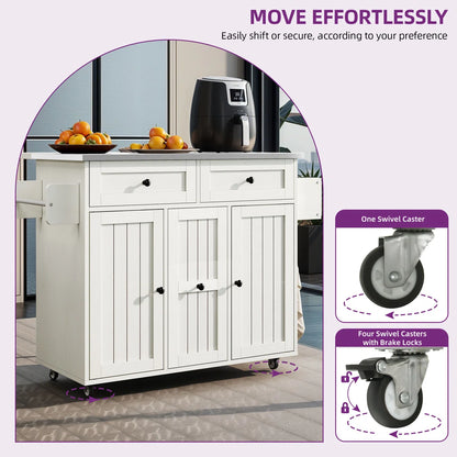 Kitchen Island Table: – 39.4" Wide White Rolling Island Set with Stainless Steel Top, Drop Leaf & 2 Bar Chairs