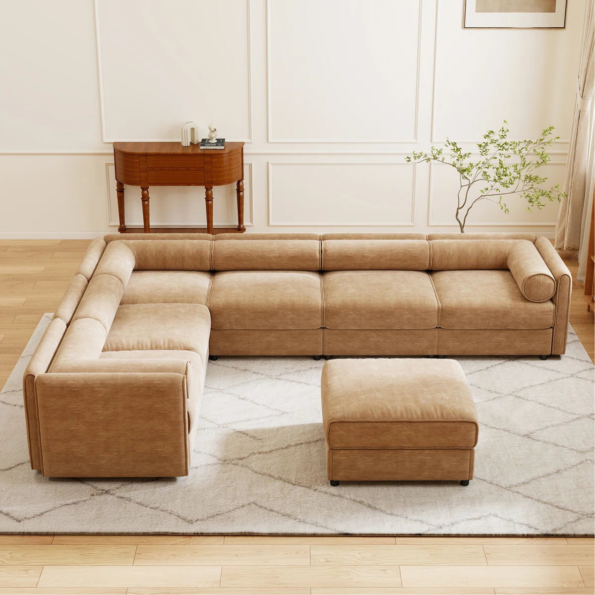 7 Seater Sofa Set: Modern 6-Piece Modular Sectional with Storage in Camel Chenille