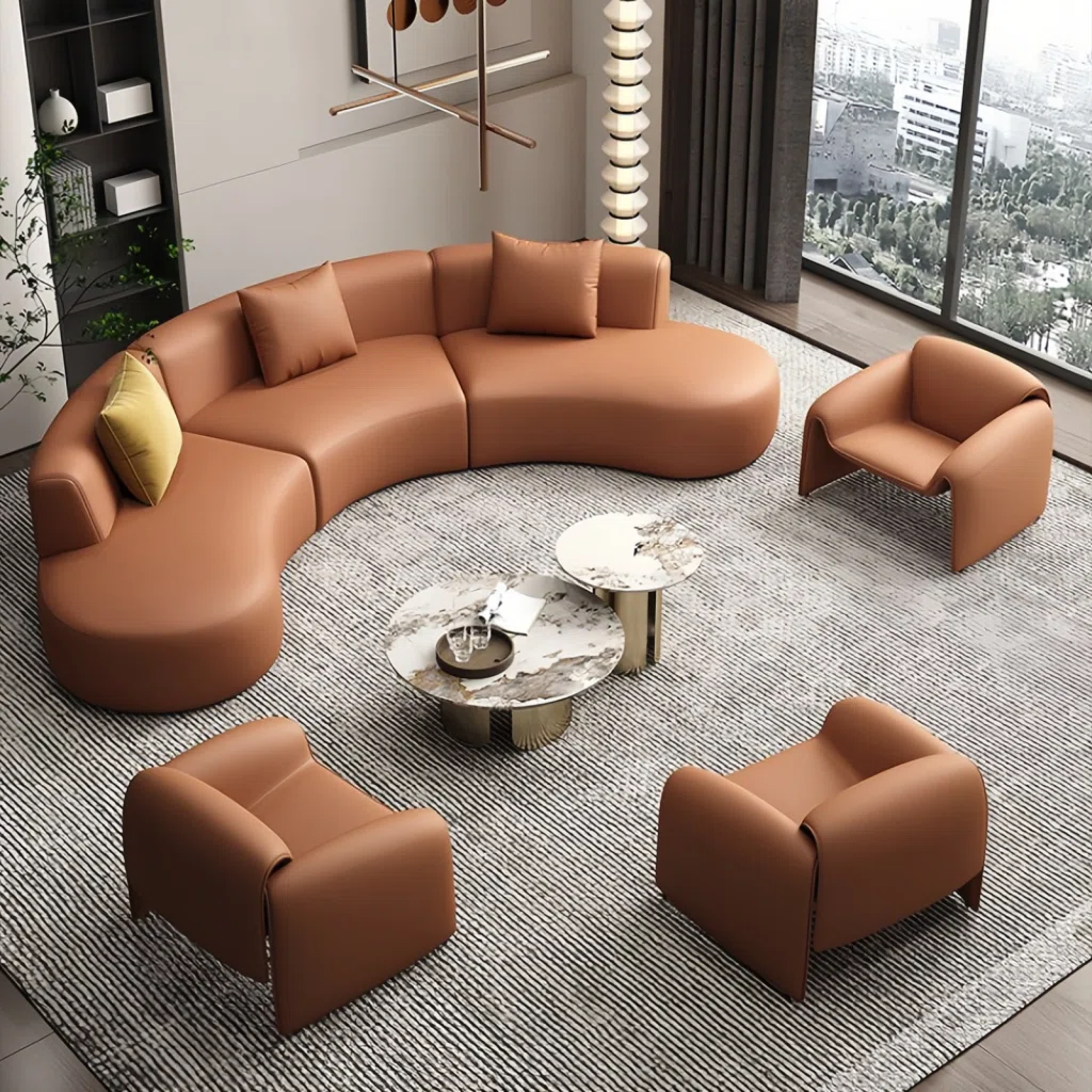 7 Seater Sofa Set: Modern Curved 6-Piece Faux Leather Living Room