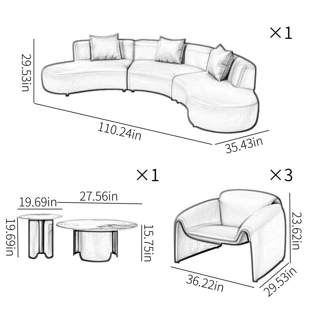 7 Seater Sofa Set: Modern Curved 6-Piece Faux Leather Living Room