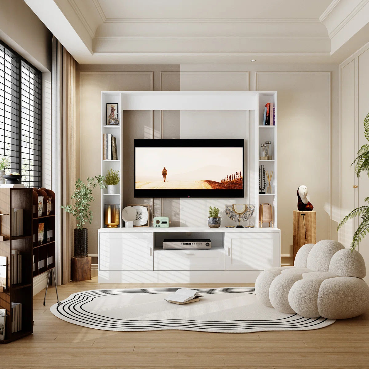 TV Panel: Stylish TV cabinet with multi-shelf layout and functional storage drawer