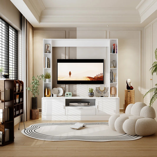 TV Panel: Stylish TV cabinet with multi-shelf layout and functional storage drawer