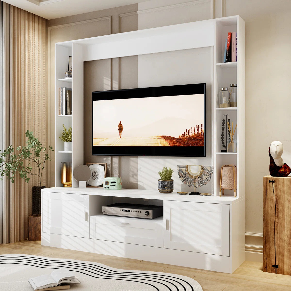 TV Panel: Stylish TV cabinet with multi-shelf layout and functional storage drawer