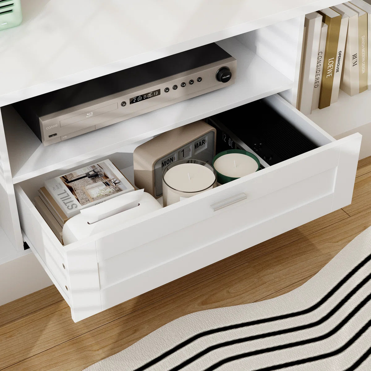 TV Panel: Stylish TV cabinet with multi-shelf layout and functional storage drawer
