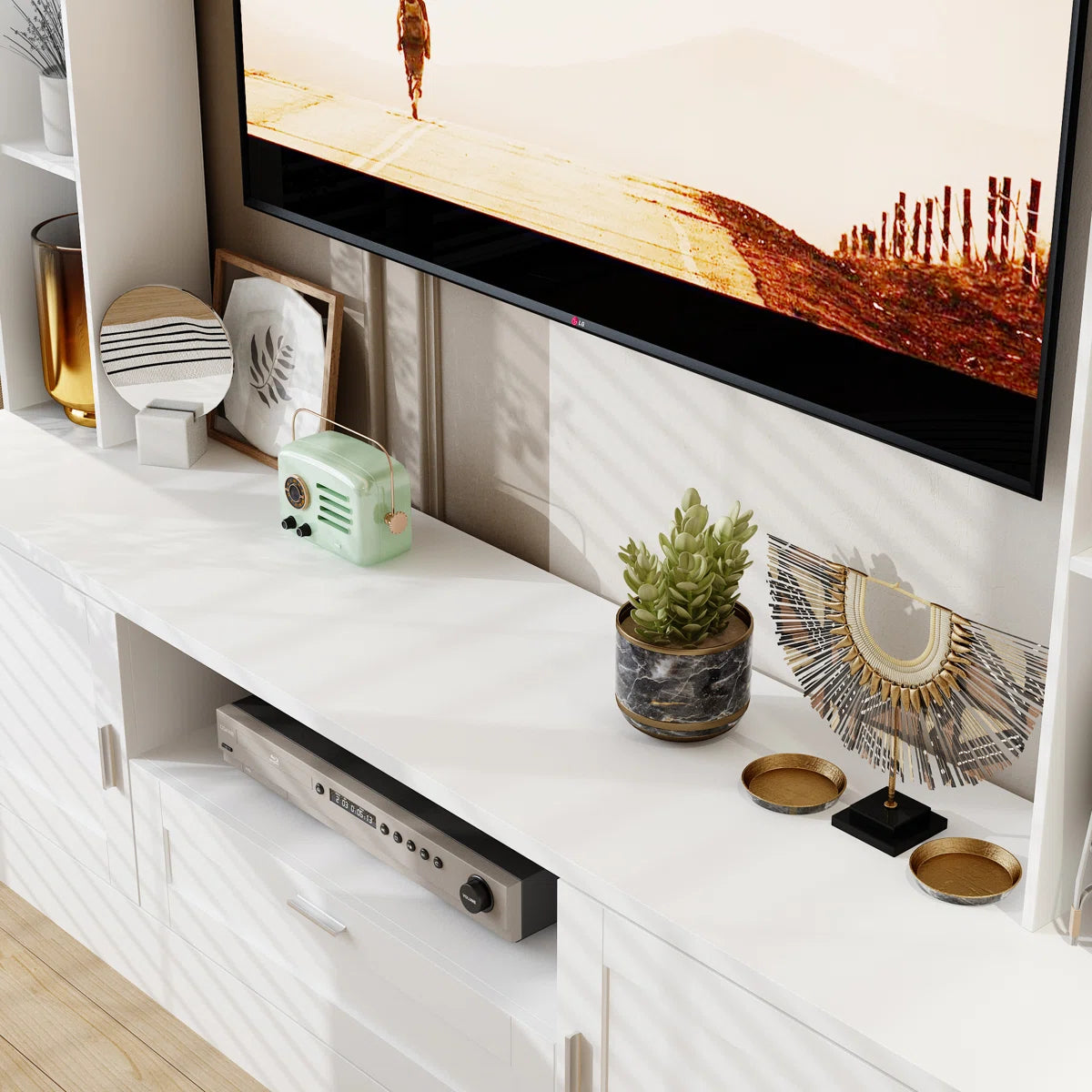 TV Panel: Stylish TV cabinet with multi-shelf layout and functional storage drawer