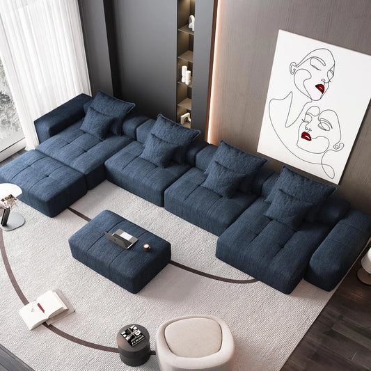 7 Seater Sofa Set: 8PC Modular Chenille Fabric Sectional with Soft Cushions & 8 Pillows