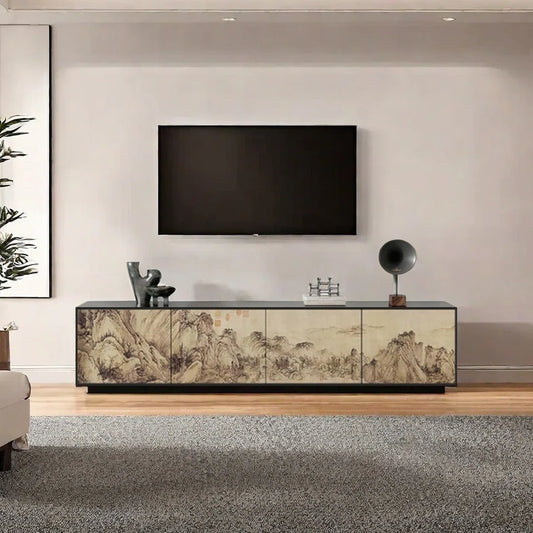 tv panel: Modern Pine Wood tv panel with Open Storage Shelves