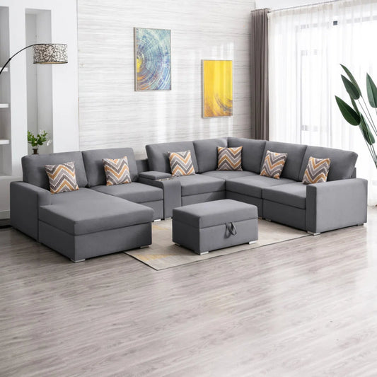 7 Seater Sofa Set:  Modern 135" Linen Fabric 8-Piece Sectional with Sofa Set