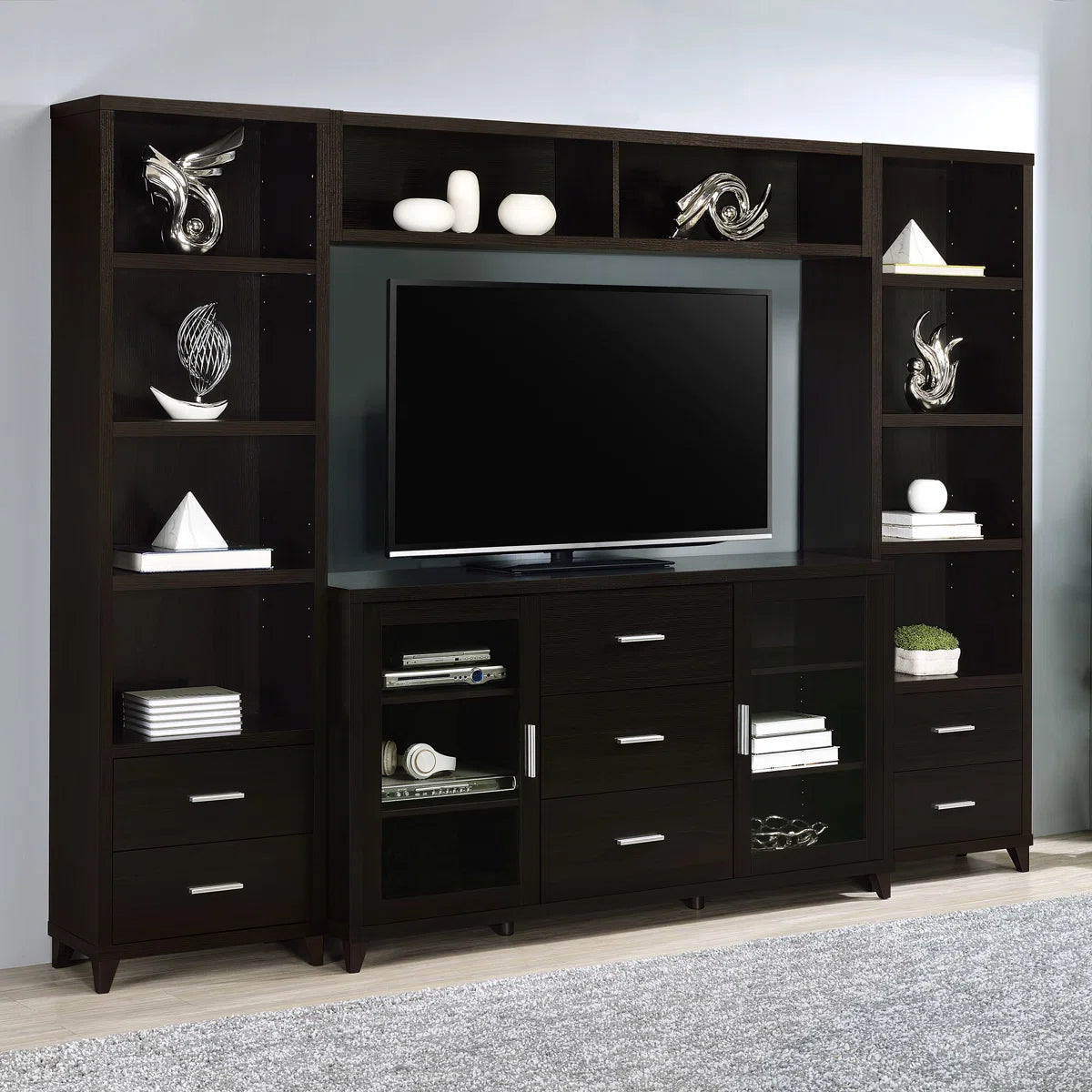 tv panel: 4-Piece Cappuccino Wood Entertainment Center with tv panel and Matching Storage Towers