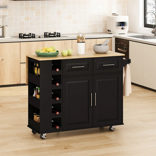 Kitchen Island Table: Handcrafted Rustic Design with Extra-Large Storage and Rolling Wheels
