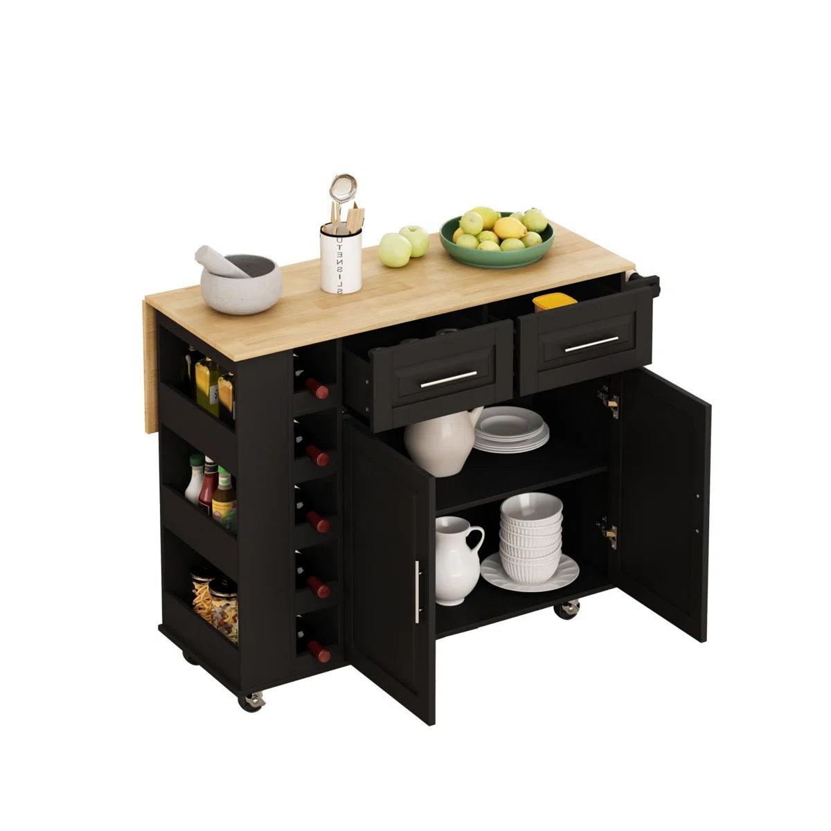 Kitchen Island Table: Handcrafted Rustic Design with Extra-Large Storage and Rolling Wheels