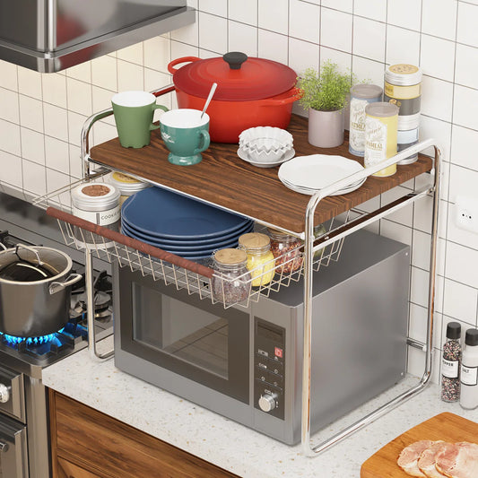 Kitchen Rack: Multifunctional Storage Rack for Microwave Oven with Wooden Tabletop and Steel Drawers