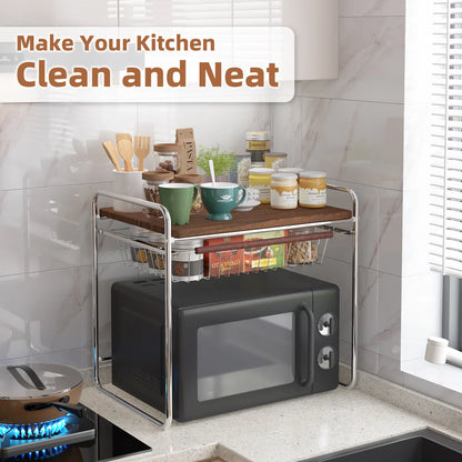 Kitchen Rack: Multifunctional Storage Rack for Microwave Oven with Wooden Tabletop and Steel Drawers
