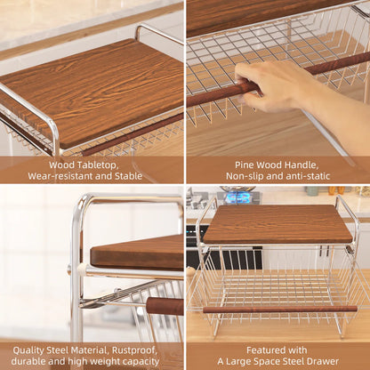 Kitchen Rack: Multifunctional Storage Rack for Microwave Oven with Wooden Tabletop and Steel Drawers
