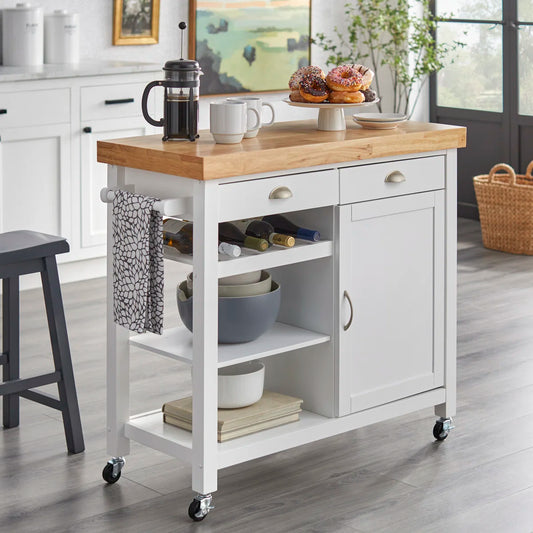 Kitchen Island Table: 41.5" Wide Multi-Storage Rubberwood Cart with Wine Rack & Towel Bar