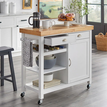 Kitchen Island Table: 41.5" Wide Multi-Storage Rubberwood Cart with Wine Rack & Towel Bar