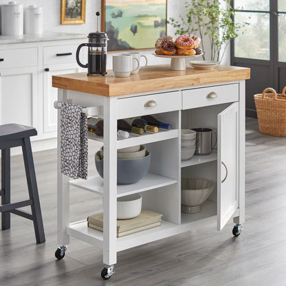 Kitchen Island Table: 41.5" Wide Multi-Storage Rubberwood Cart with Wine Rack & Towel Bar
