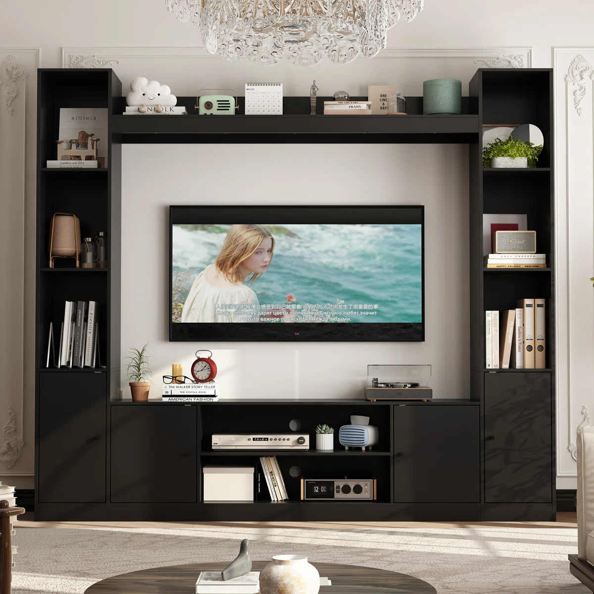 tv panel: Extendable wood TV panel with 3 large drawers, reversible design feature