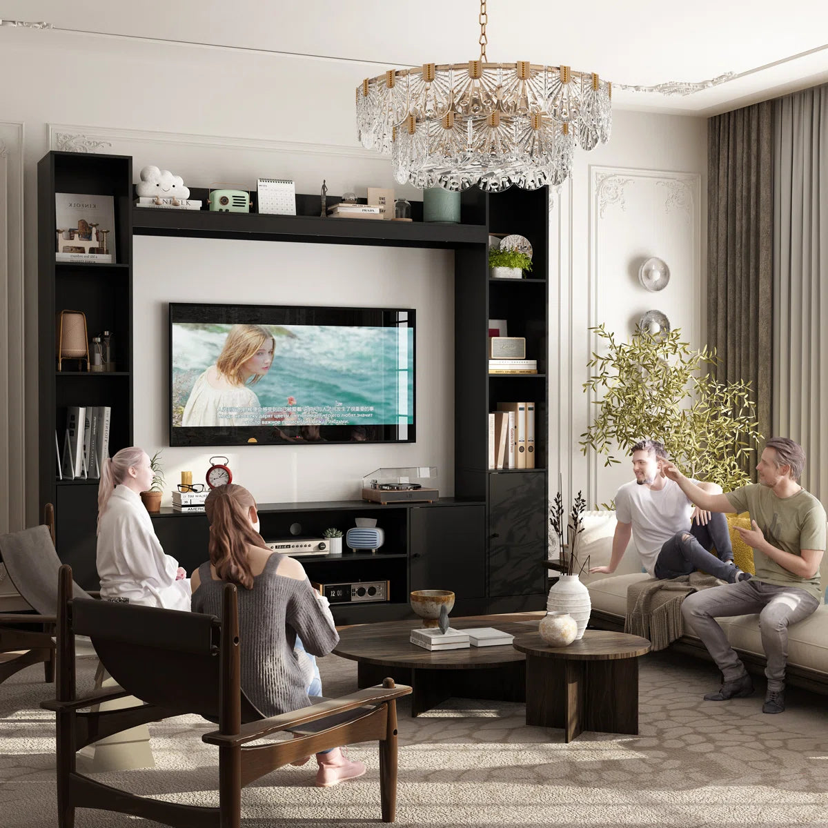 tv panel: Extendable wood TV panel with 3 large drawers, reversible design feature