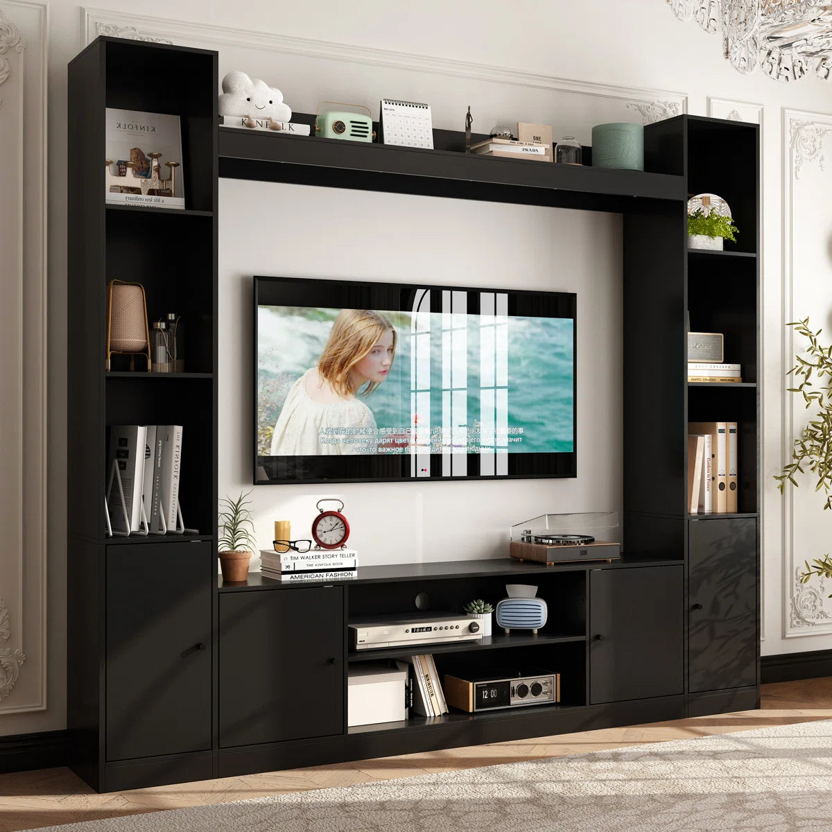 tv panel: Extendable wood TV panel with 3 large drawers, reversible design feature