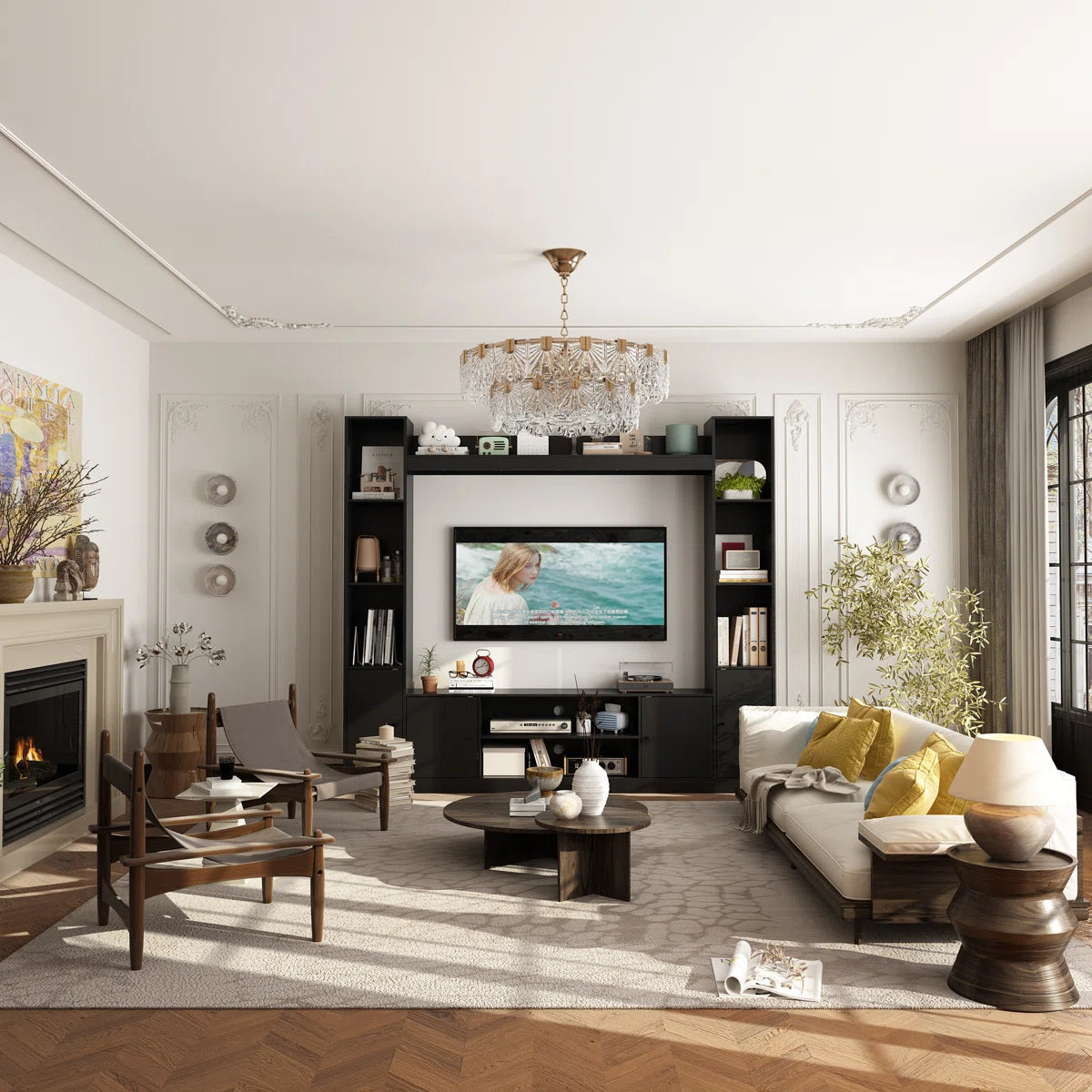tv panel: Extendable wood TV panel with 3 large drawers, reversible design feature