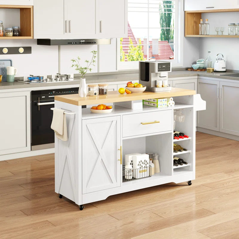 Kitchen Island Table – Multi-Functional Rolling Cart with Pine Top, Drawer, Shelves & Power Outlets