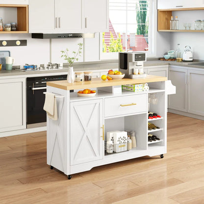 Kitchen Island Table – Multi-Functional Rolling Cart with Pine Top, Drawer, Shelves & Power Outlets
