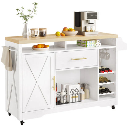 Kitchen Island Table – Multi-Functional Rolling Cart with Pine Top, Drawer, Shelves & Power Outlets