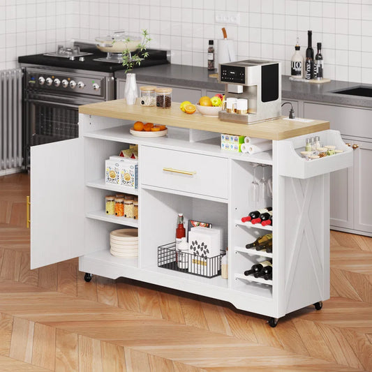 Kitchen Island Table – Multi-Functional Rolling Cart with Pine Top, Drawer, Shelves & Power Outlets