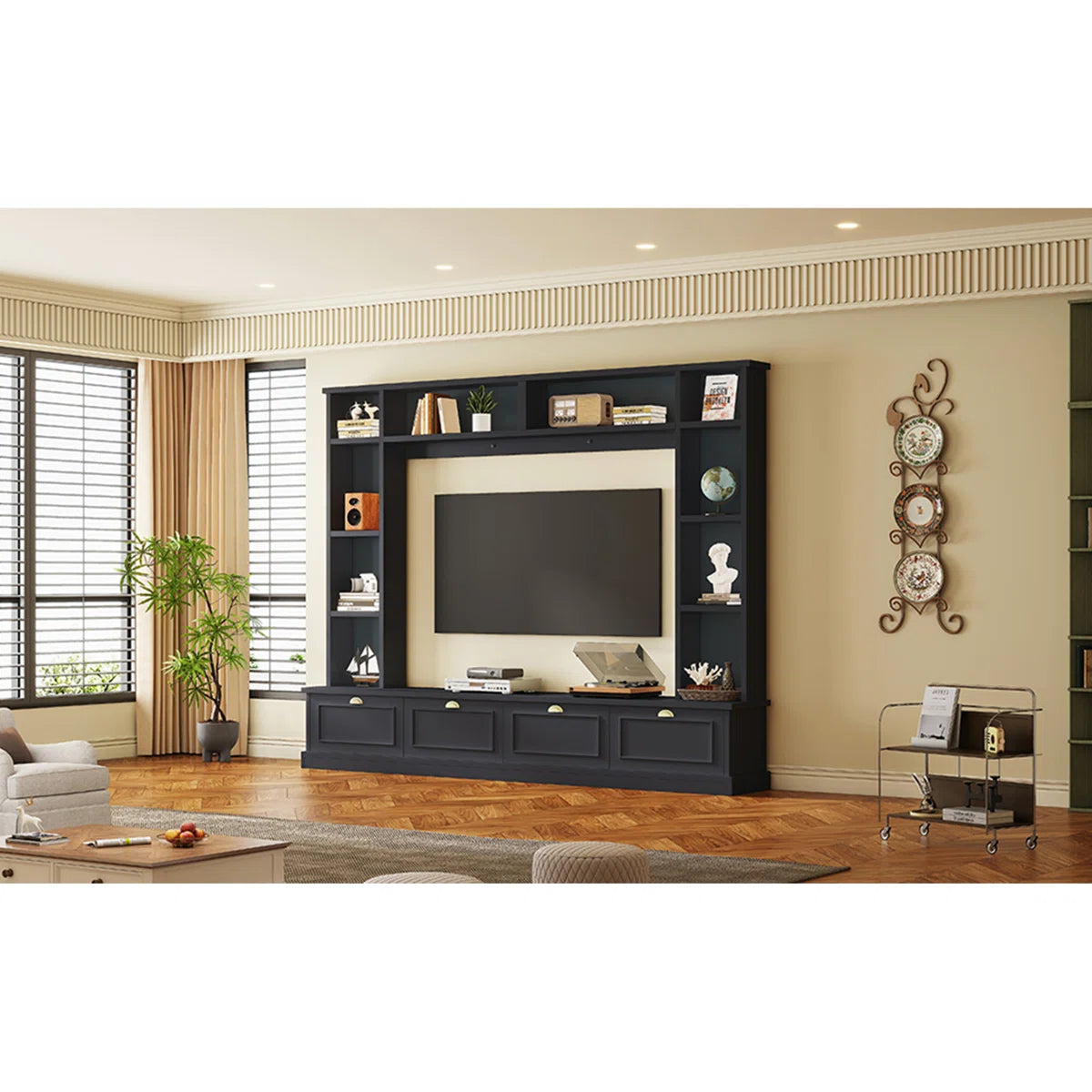 tv panel: Modern 4-in-1 tv panel with Storage, Golden Handles, Fits Up to 78" TVs