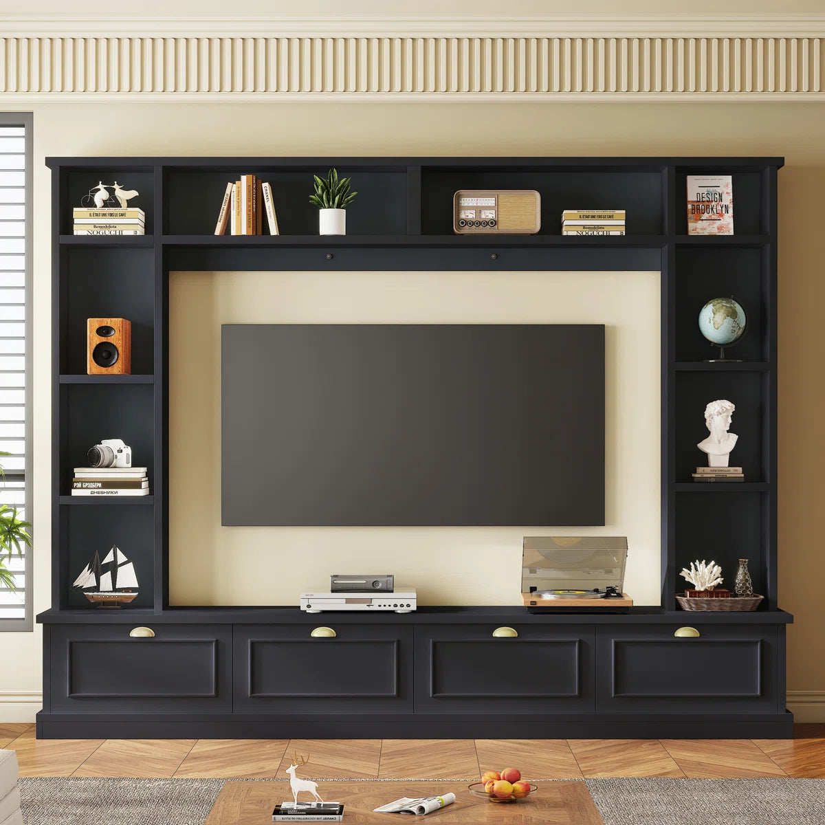 tv panel: Modern 4-in-1 tv panel with Storage, Golden Handles, Fits Up to 78" TVs