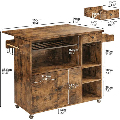 Kitchen Island Table: Rustic Storage Unit with Wine Rack &amp; Spice Rack